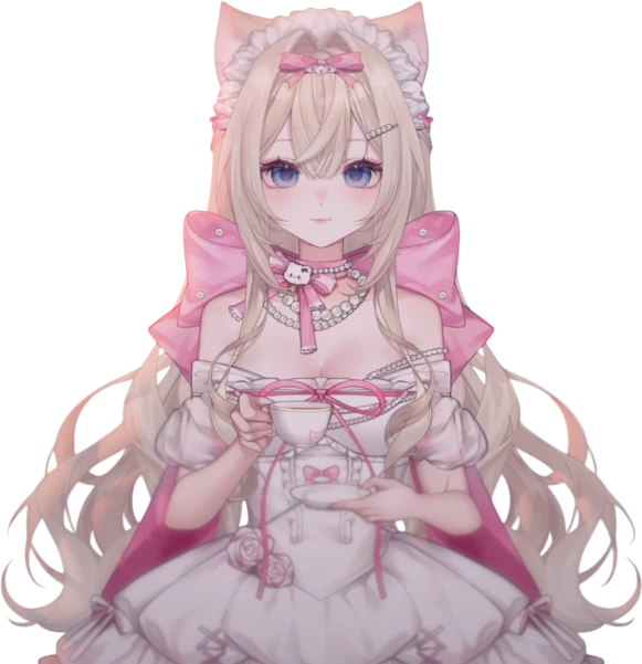 Meoyumi, a VTuber with long blonde hair, cat ears and a big pink bow, holding a teacup
